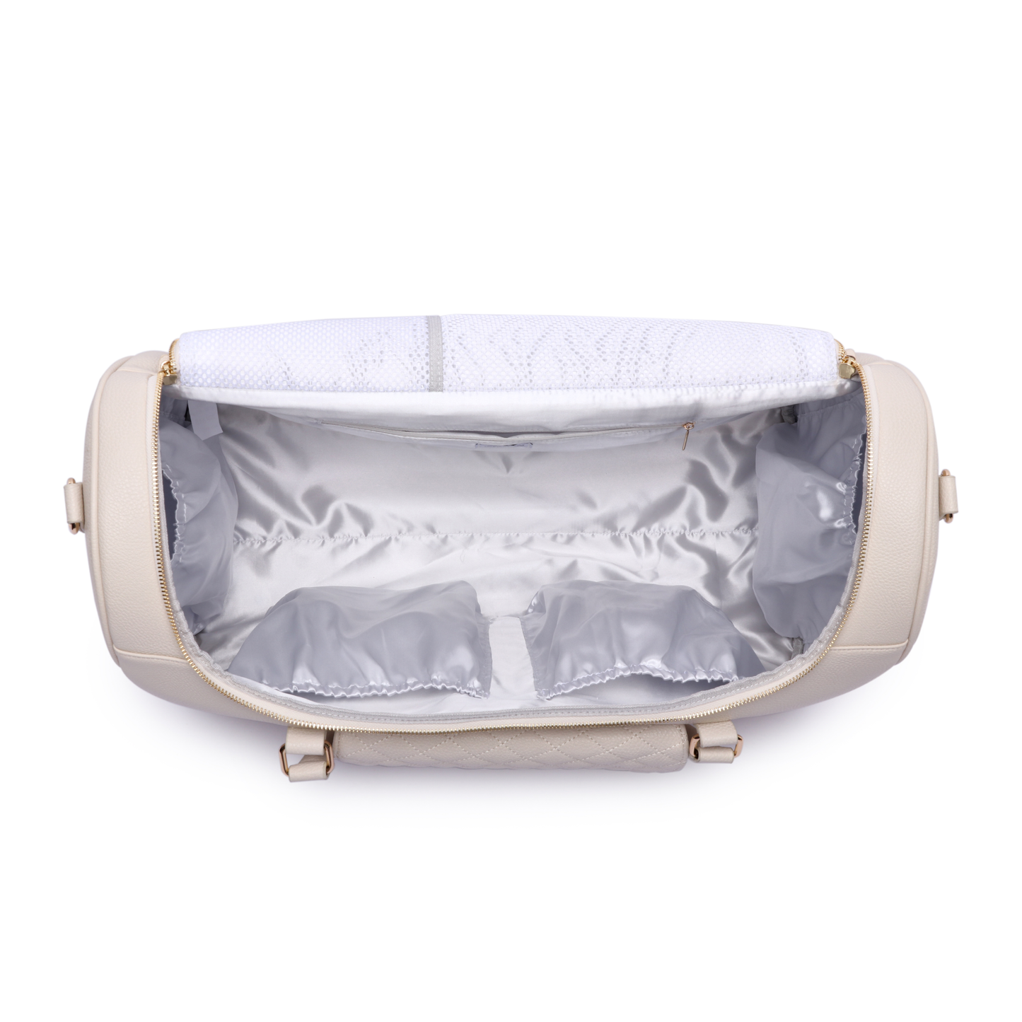 Beige pet carrier with white interior on a white background