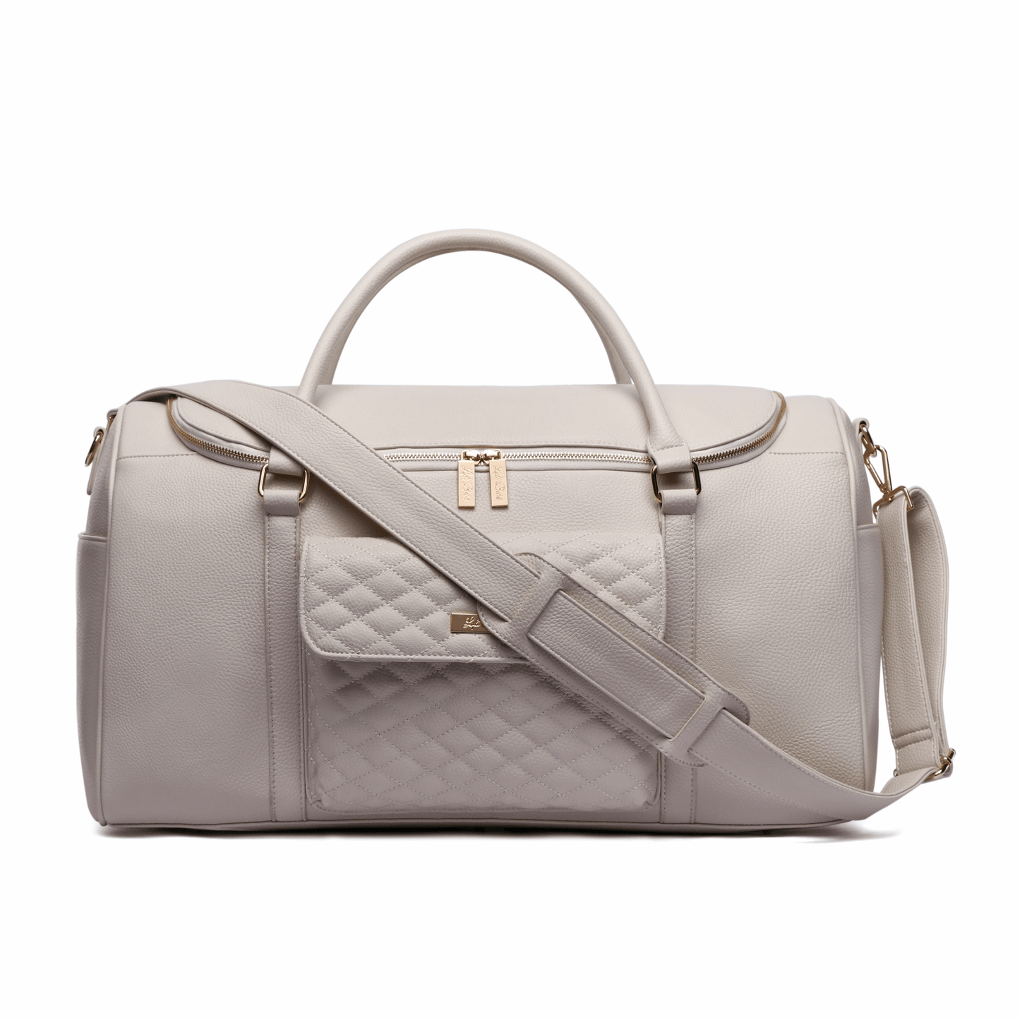 Beige duffel bag with quilted pattern and gold accents on a white background