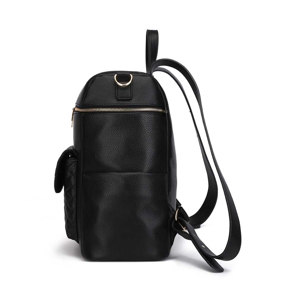Black backpack with a strap on a white background