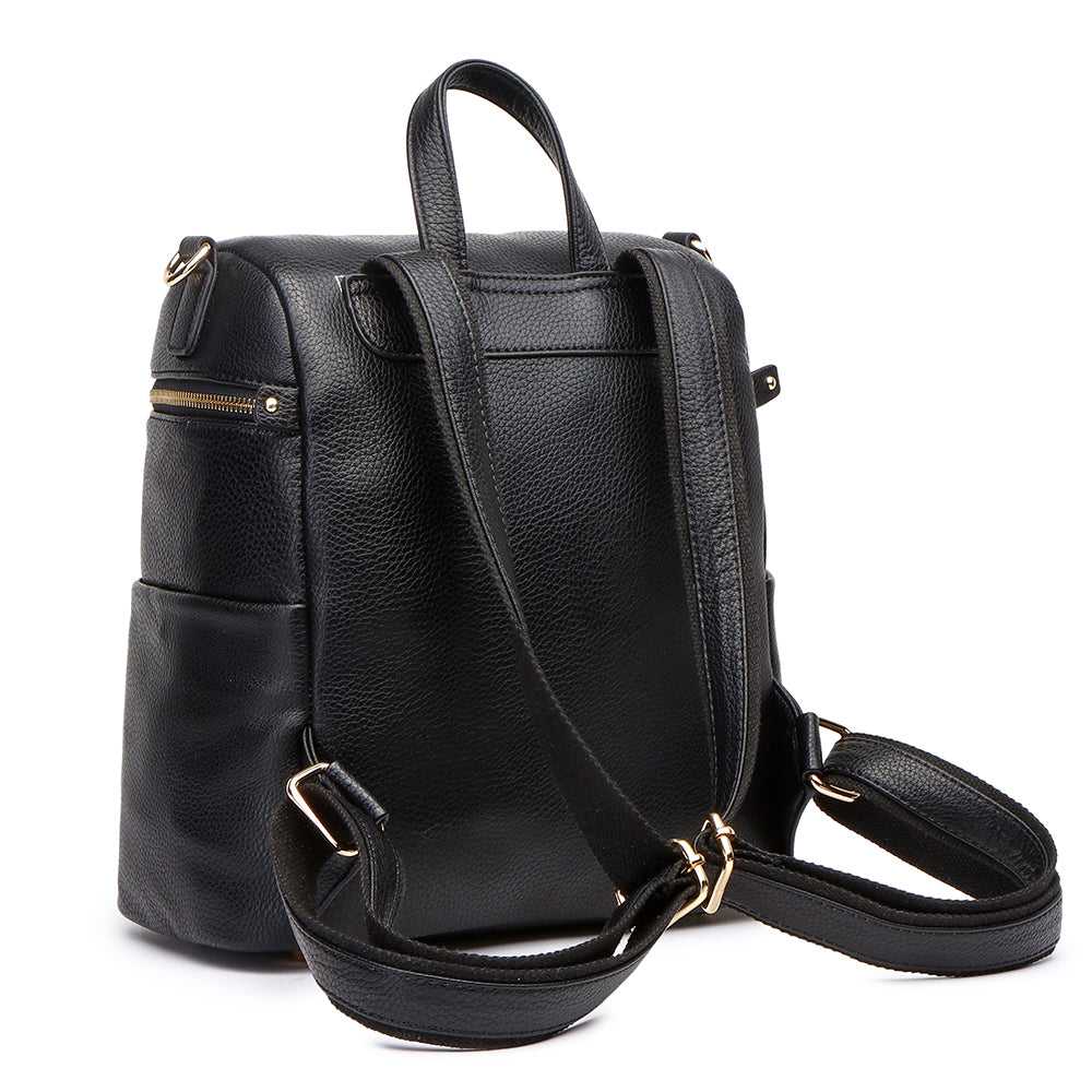 Black leather backpack with gold zippers on a white background