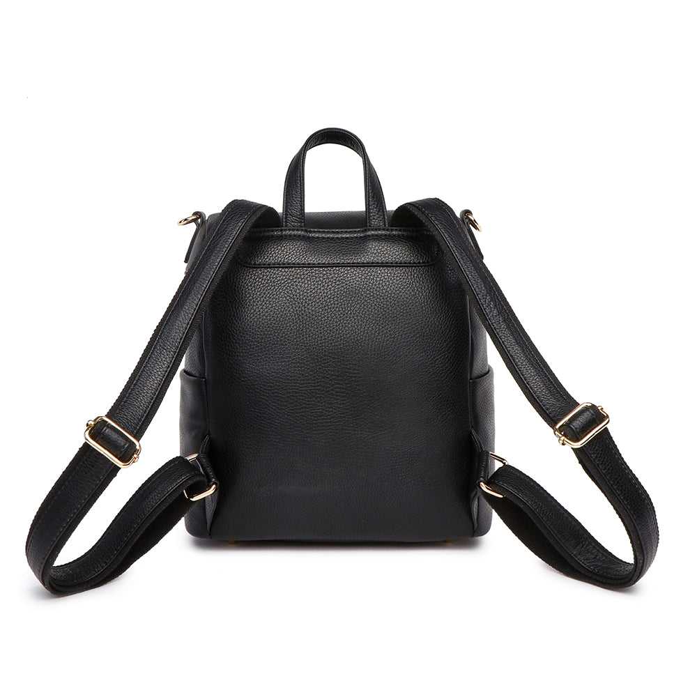 Black leather backpack on a white background