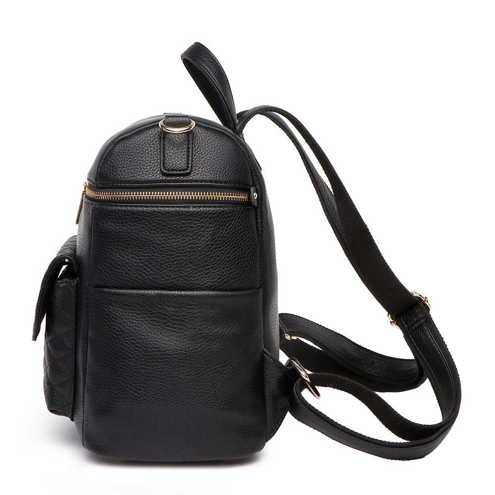 Black leather backpack with gold zipper on a white background