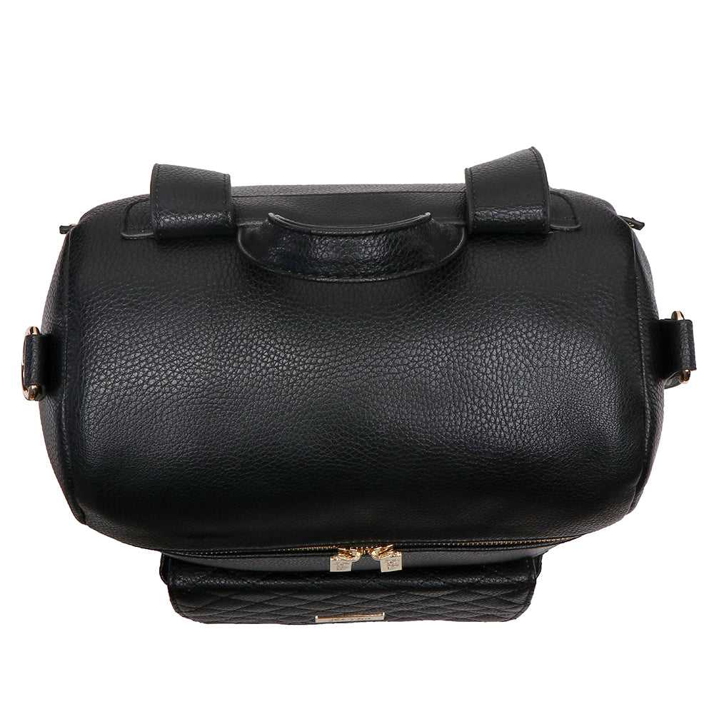 Black leather bag with quilted base on a white background