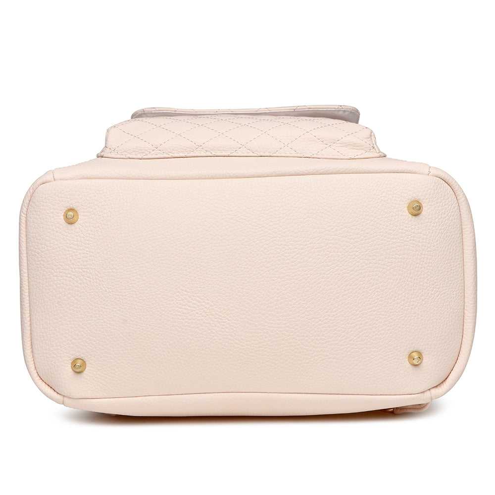 Beige handbag with gold accents on a white background