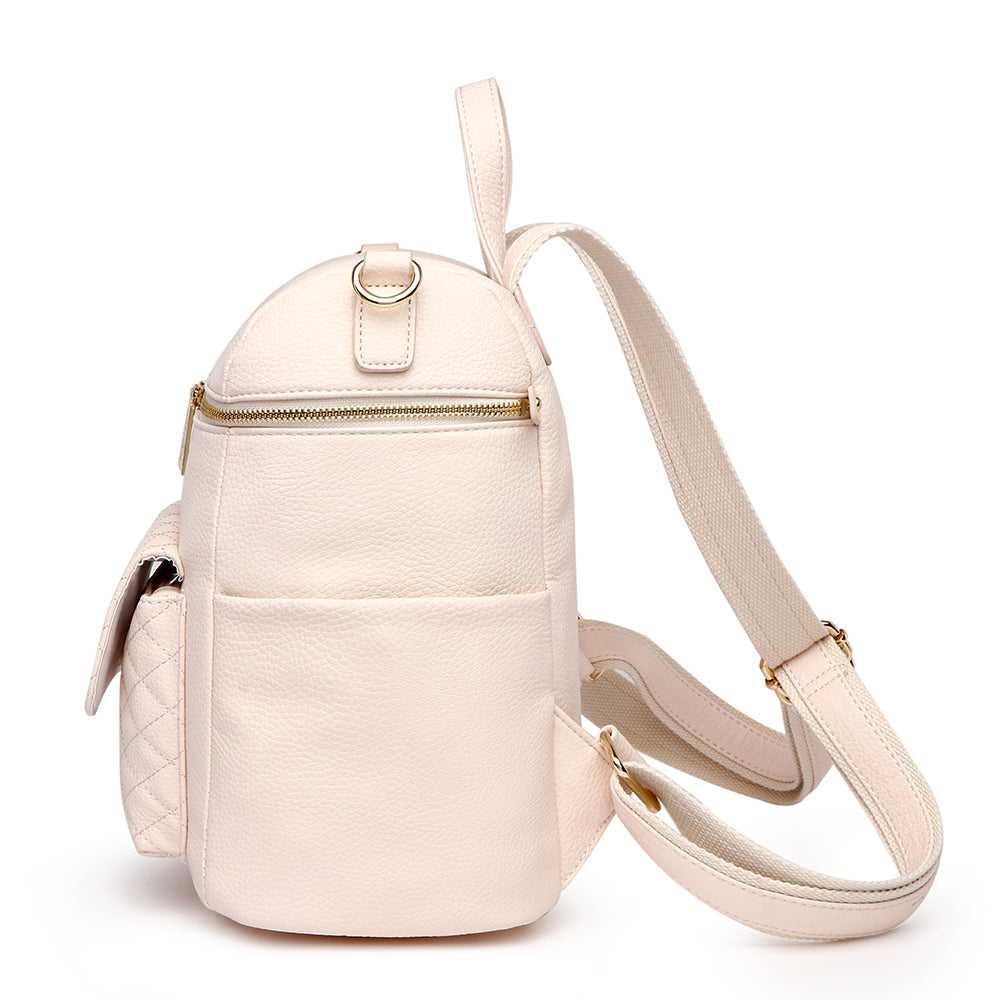Beige backpack with quilted design on a white background