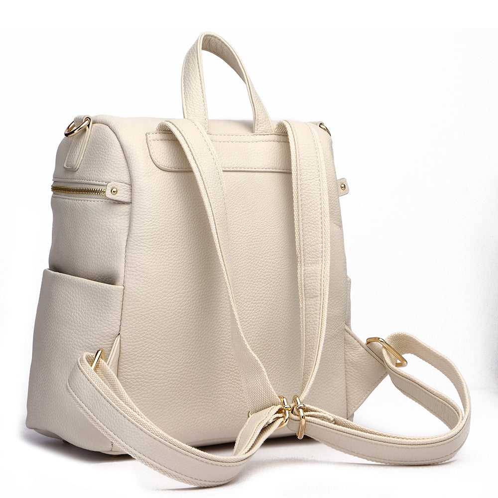Beige backpack with multiple pockets on a white background