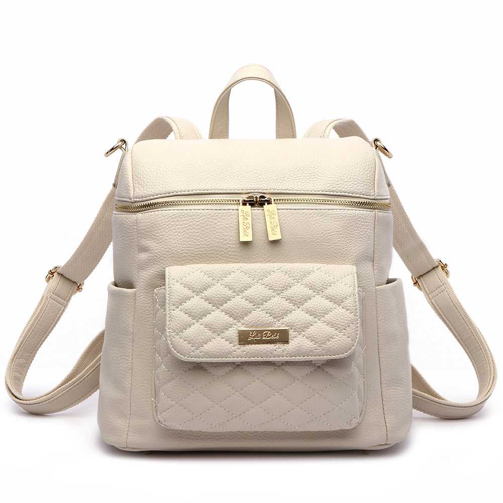 Beige backpack with quilted pocket on a white background