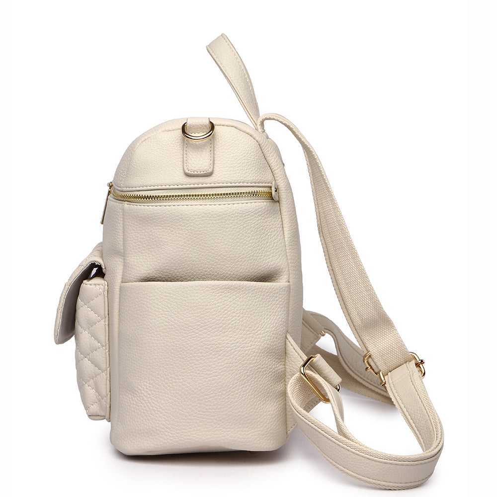 Beige backpack with a strap on a white background