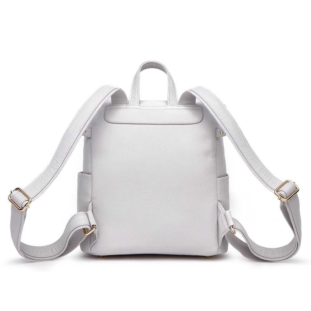 Light gray backpack with gold accents on a white background