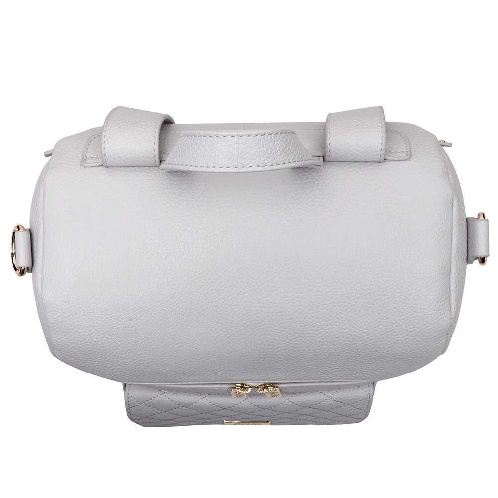 Light gray handbag with a bow detail on a white background