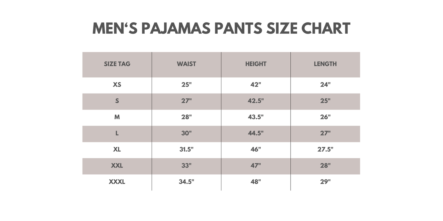 Men's pajama pants size chart on a white background