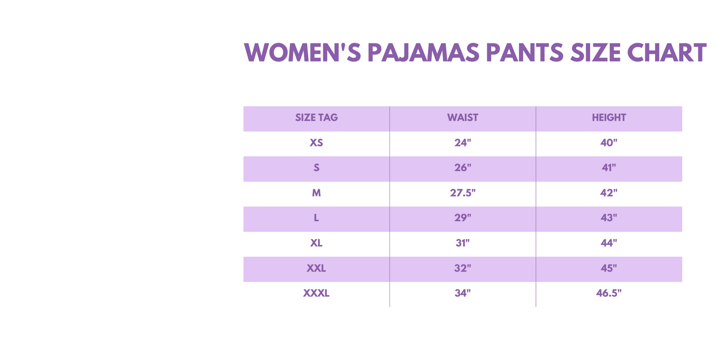 Women's pajama pants size chart on a white background