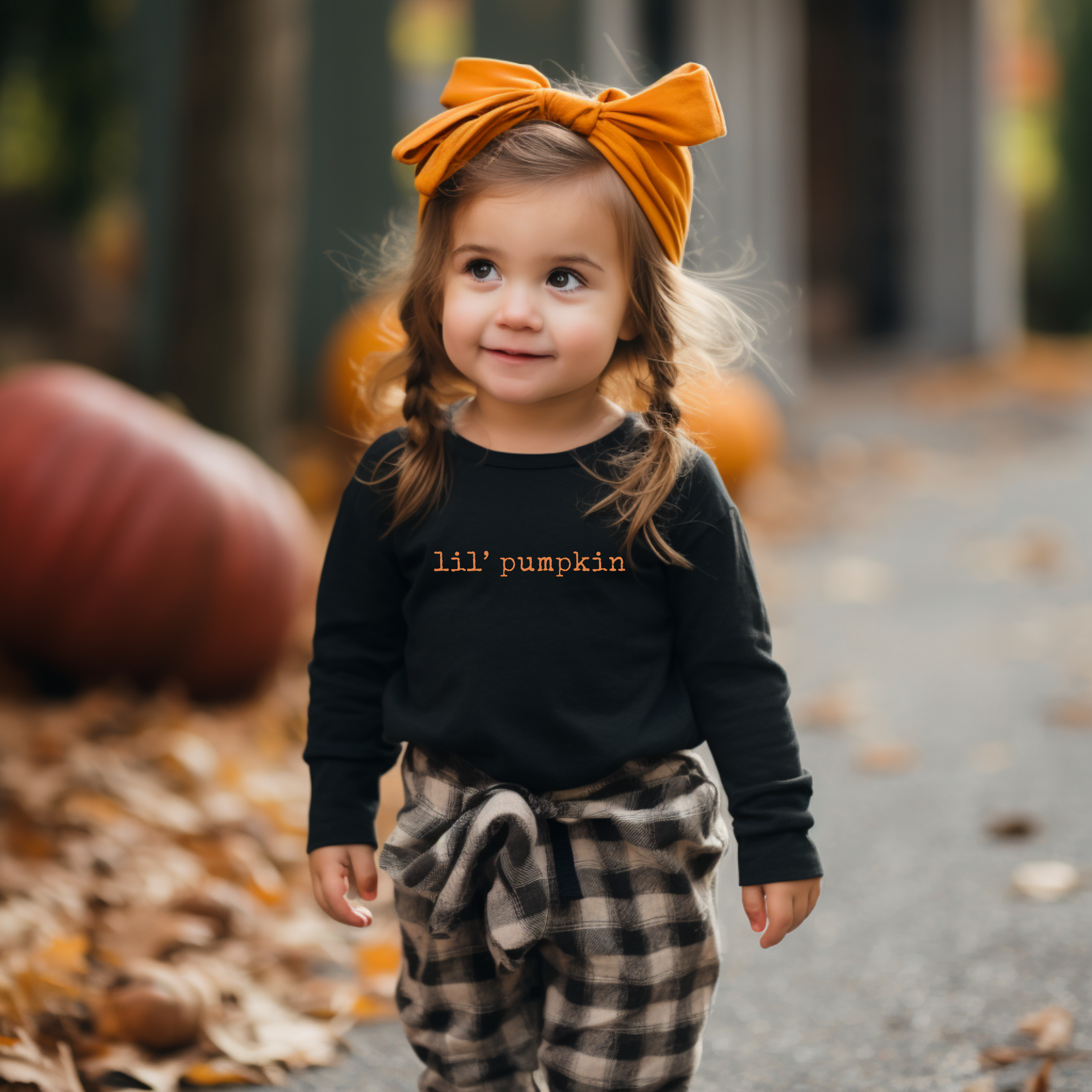 Child wearing a black shirt with 'lil' pumpkin' text, plaid pants, and an orange bow in an autumn setting with pumpkins.