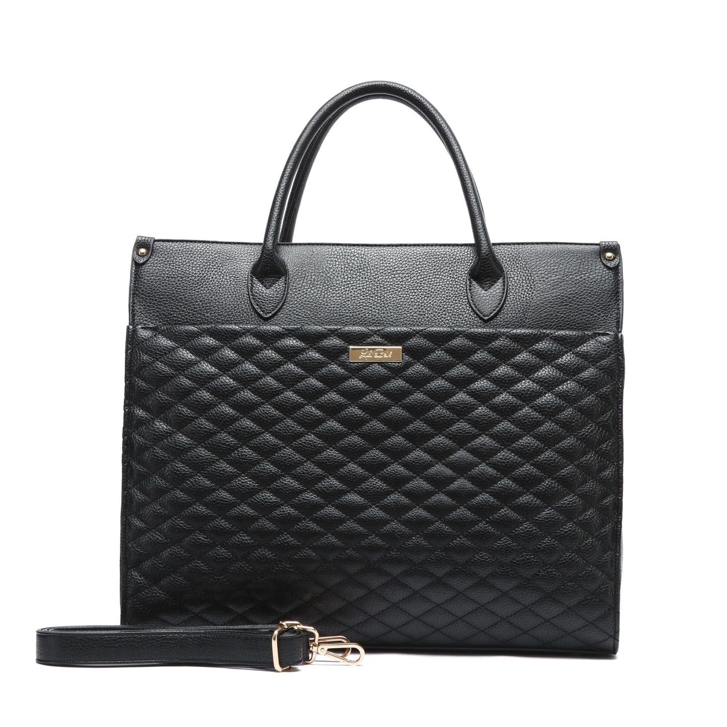 Black quilted handbag with a strap on a white background
