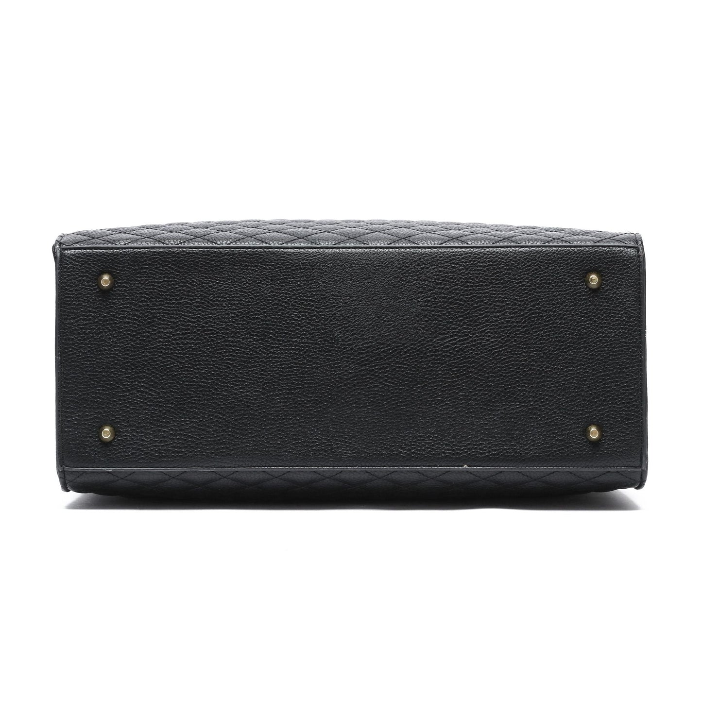 Black quilted handbag with gold hardware on a white background