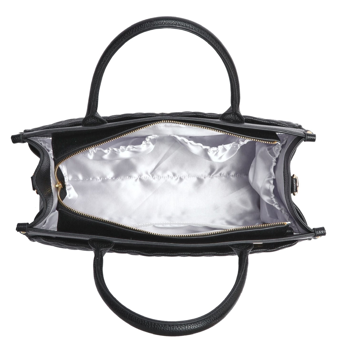 Black handbag with a clear interior on a white background
