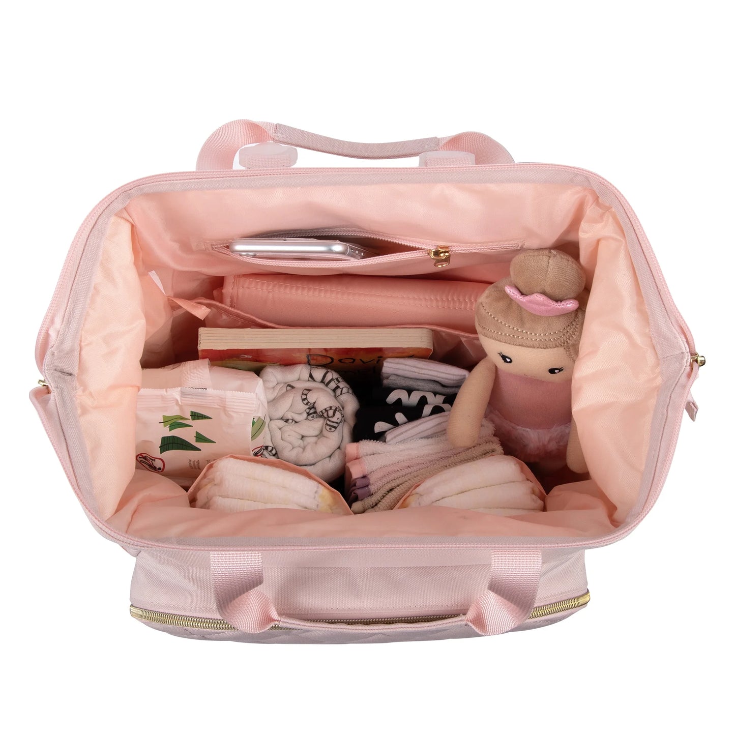 Super Cooler Main Frame Dual Zipper Closure Diaper Bag Backpack Tote with Matching 6-Ply Changing Pad, Insulated Bottle Pockets, Stroller Straps and Pacifier Pouch in Mauve Pink