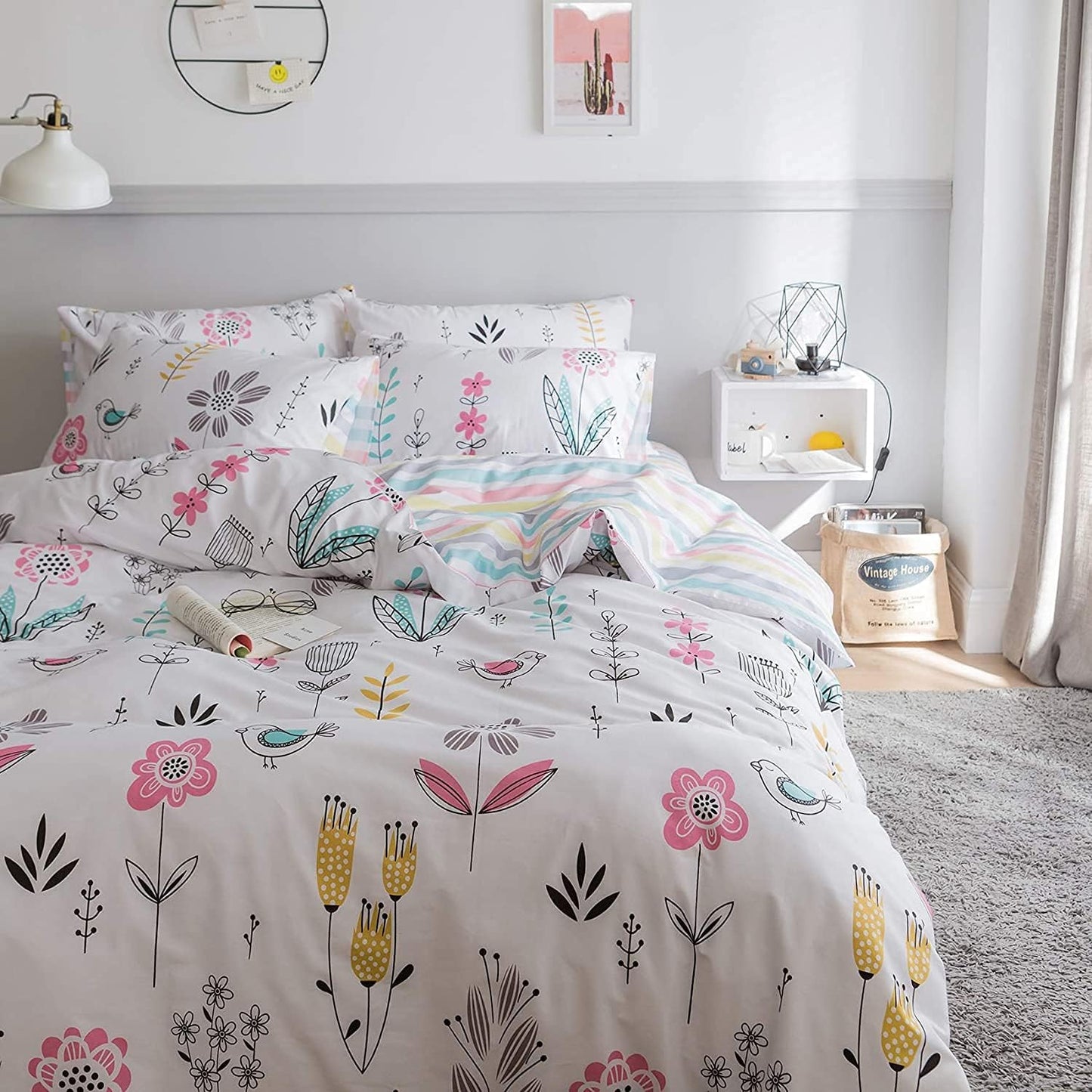 Floral Bird Print Pattern Girls Duvet Cover Twin White Premium Cotton Nature Blossom Colorful Reversible Kids Bedroom Comforter Cover Bedding Sets for Teen Toddler,Zipper Closure