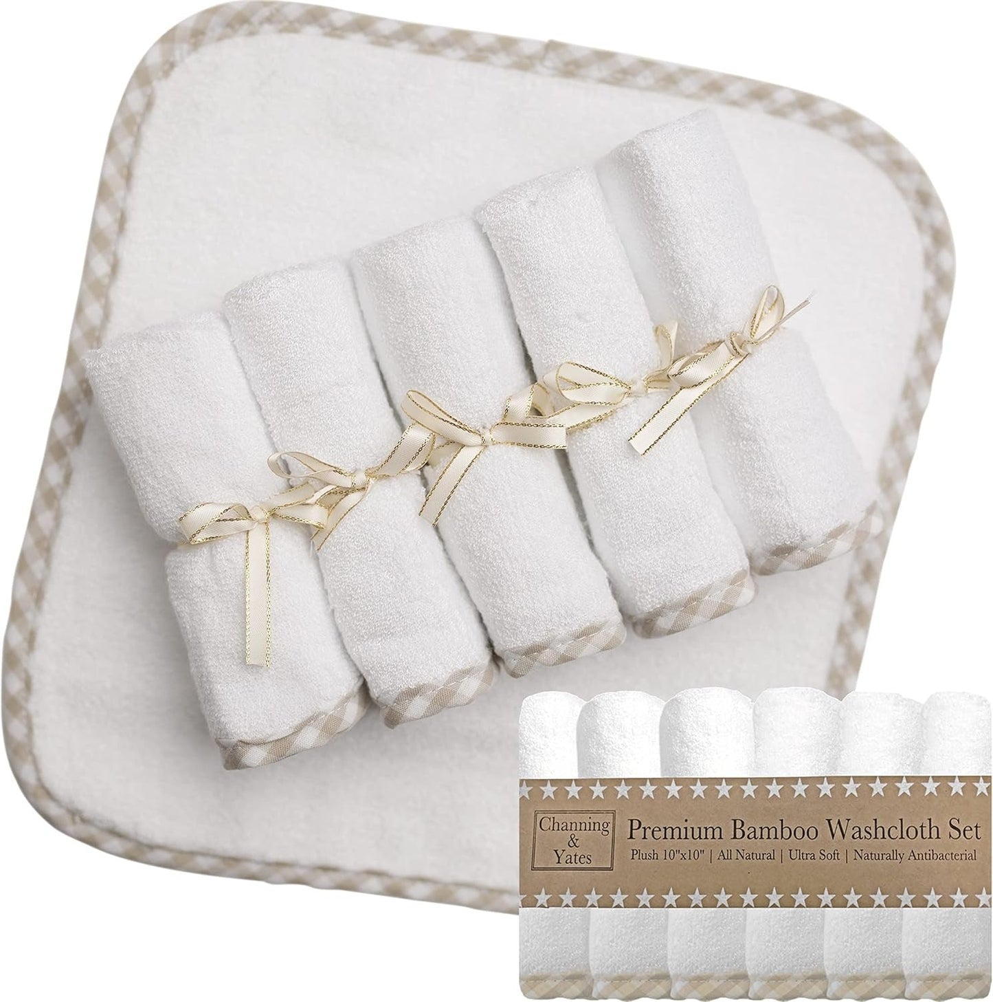 Organic Baby Washcloth Set Premium Boutique- (6 Pack Wash Cloth) - Softest Face Towels or Washcloths for Eczema - Child or Adult Essentials for Bath (Beige/White)