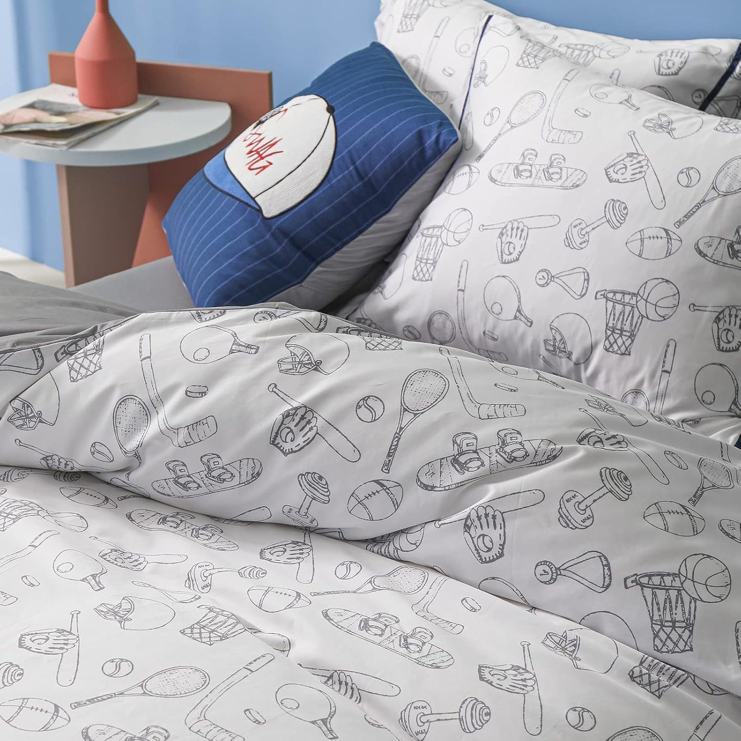 100% Organic Cotton Duvet Cover for Kids Teens, 3 Piece Soft Cartoon Comforter Cover with Zipper Closure, Boys Bedding Set with Baseball Pattern,Twin