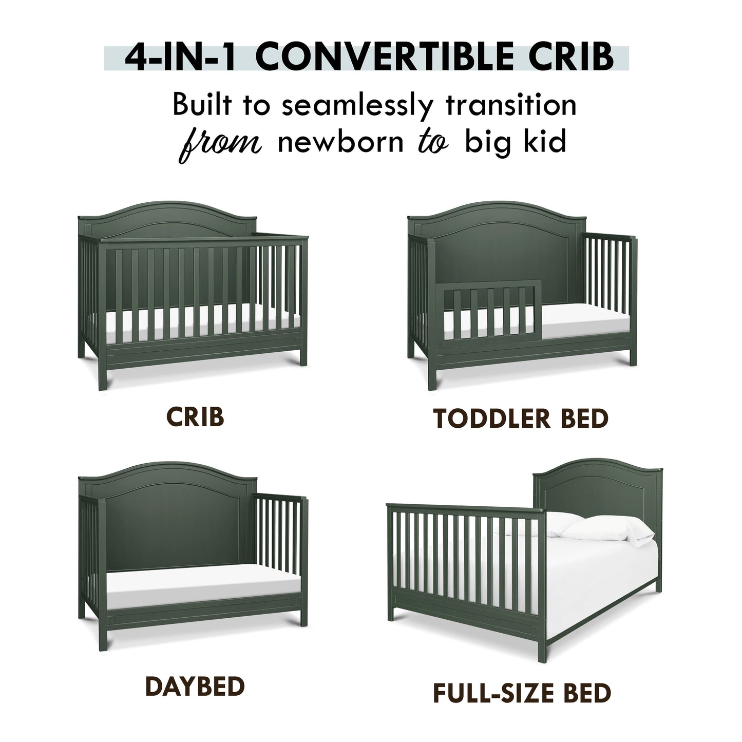 Charlie 4-In-1 Convertible Crib, Greenguard Gold Certified, Forest Green