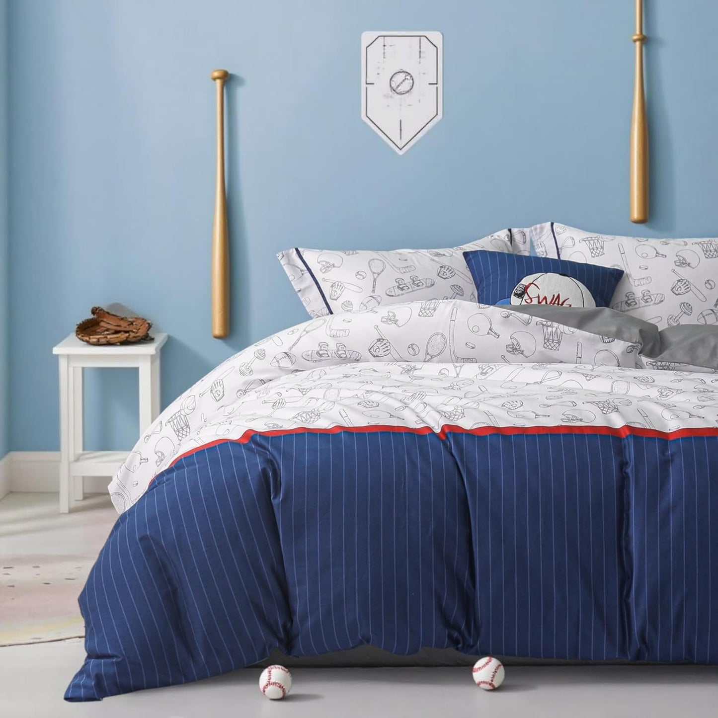 100% Organic Cotton Duvet Cover for Kids Teens, 3 Piece Soft Cartoon Comforter Cover with Zipper Closure, Boys Bedding Set with Baseball Pattern,Twin