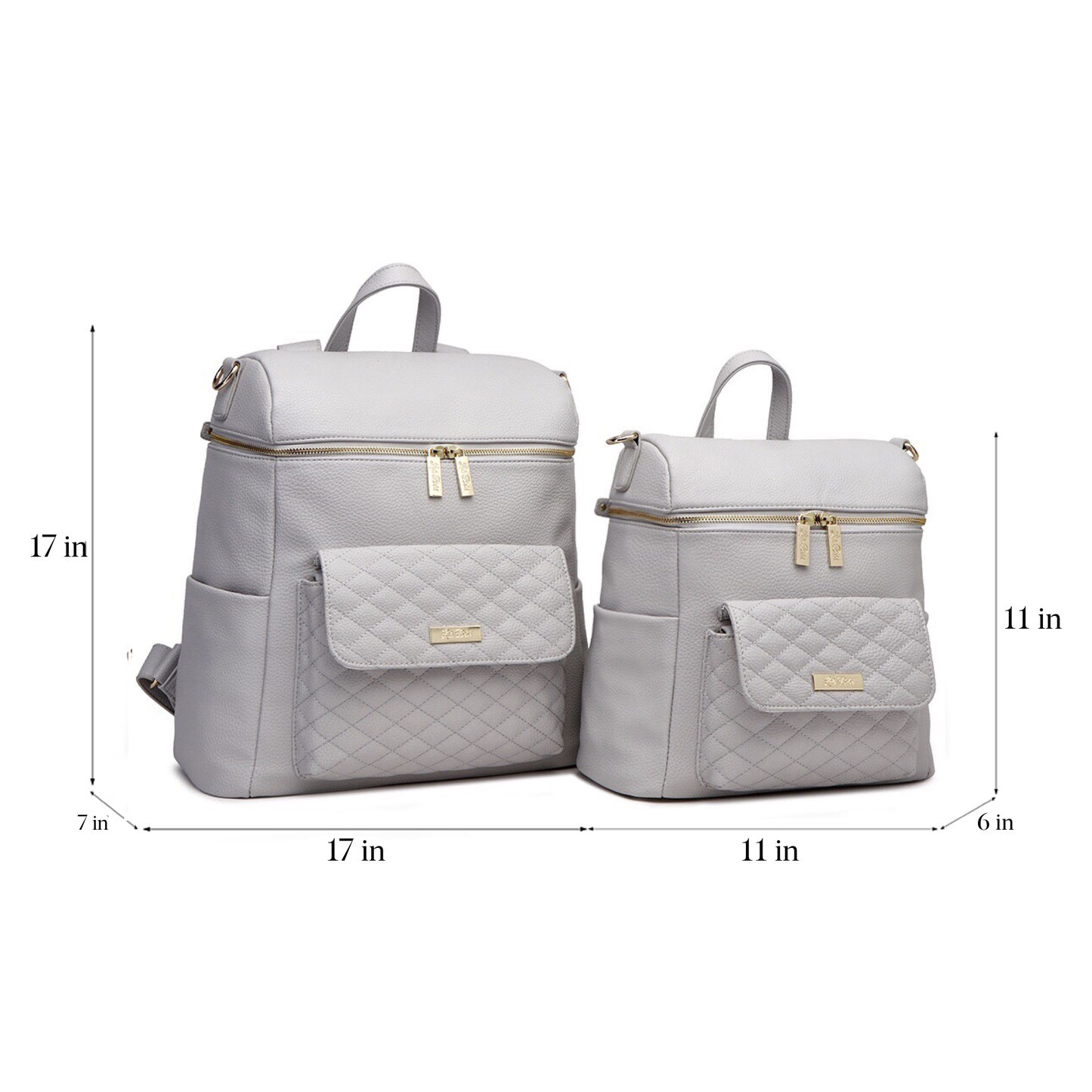 Two gray backpacks with gold zippers and measurements on a white background