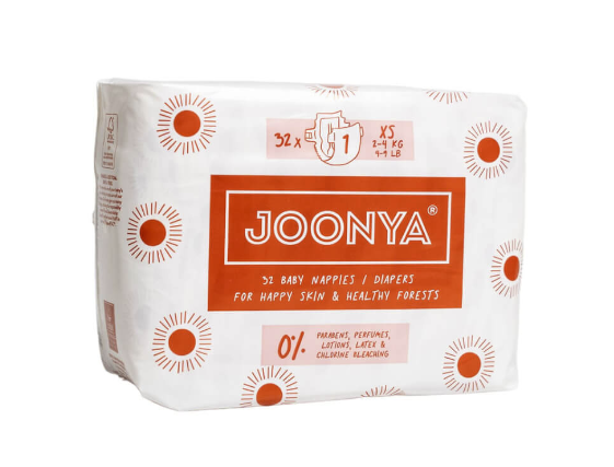 A pack of Joonya Diapers, Size 1 XS, with a weight range of 4-9 lb. The packaging is predominantly white with orange sunflower-like patterns and the brand name displayed prominently in the center.
