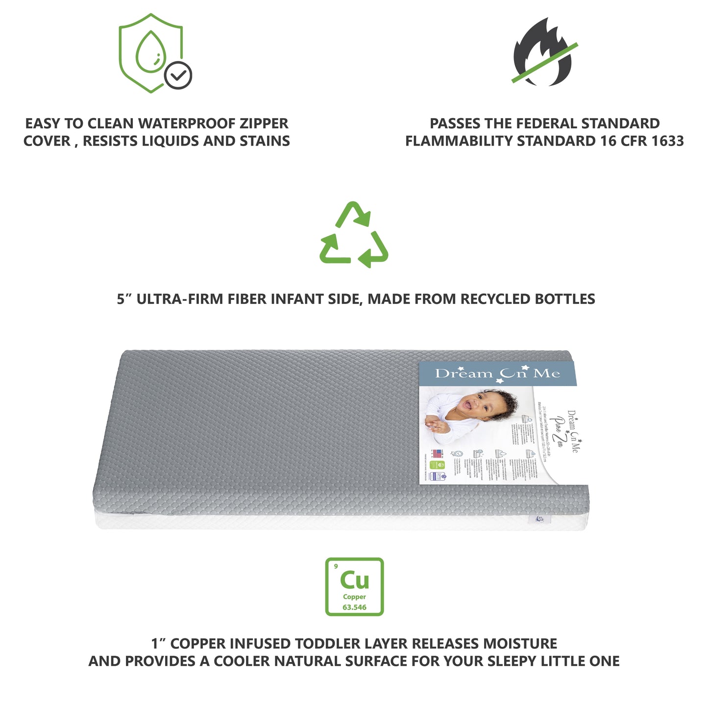 Pure Zen 2 in 1 Crib & Toddler Mattress, White and Grey, Greenguard Gold Certified