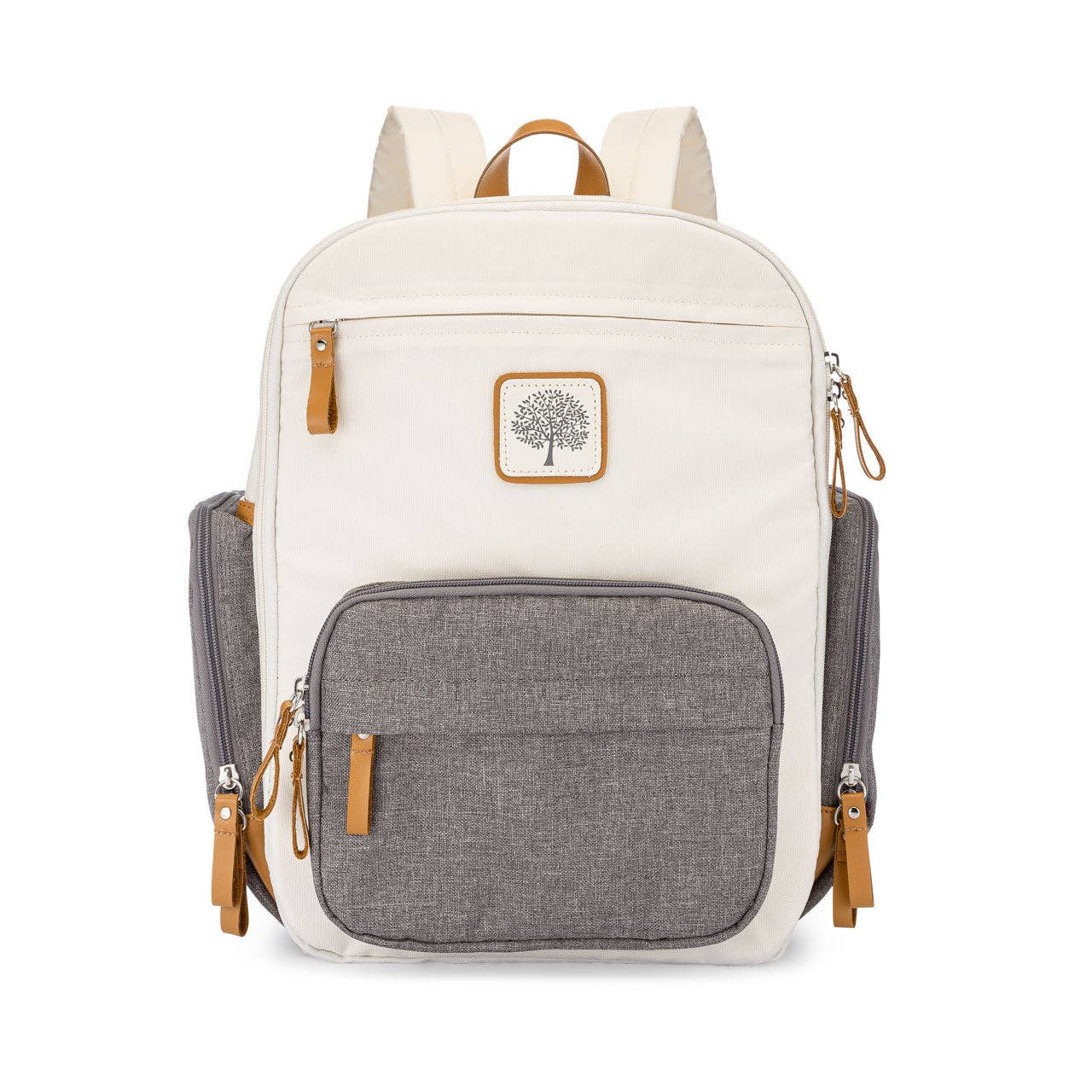 A cream-colored Parker Baby Co. Birch Bag Mini - Diaper Backpack with multiple pockets and brown leather accents.