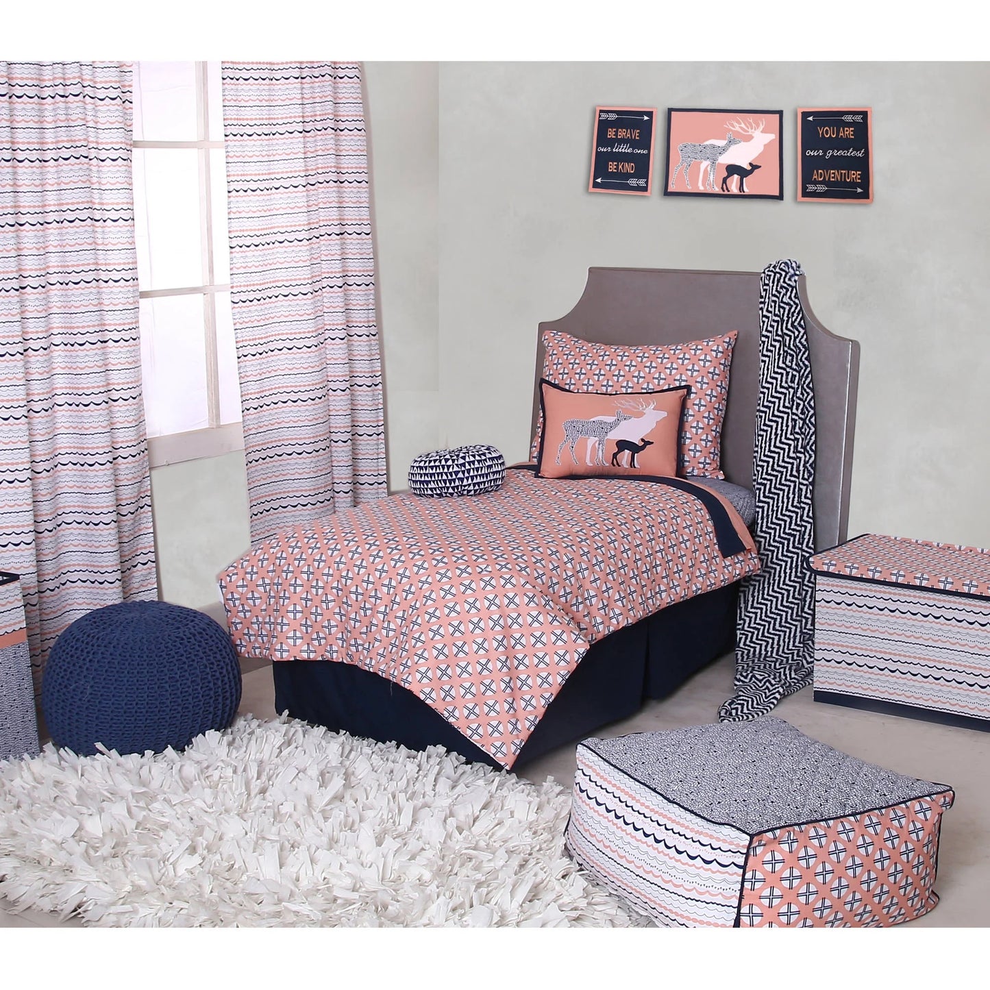 - Olivia Tribal Coral/Navy 4-Piece Toddler Bedding Set 100% Cotton Percale Fabrics