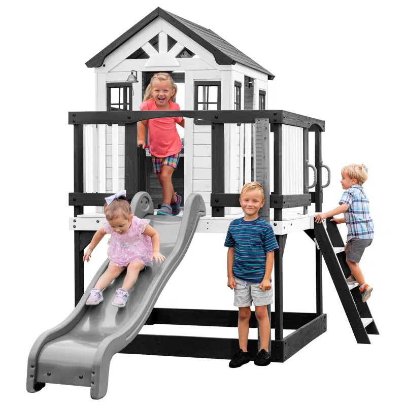 Sweetwater Heights White Cedar Wooden Elevated Kids Playhouse with Wave Slide, Play Kitchen, and Deck