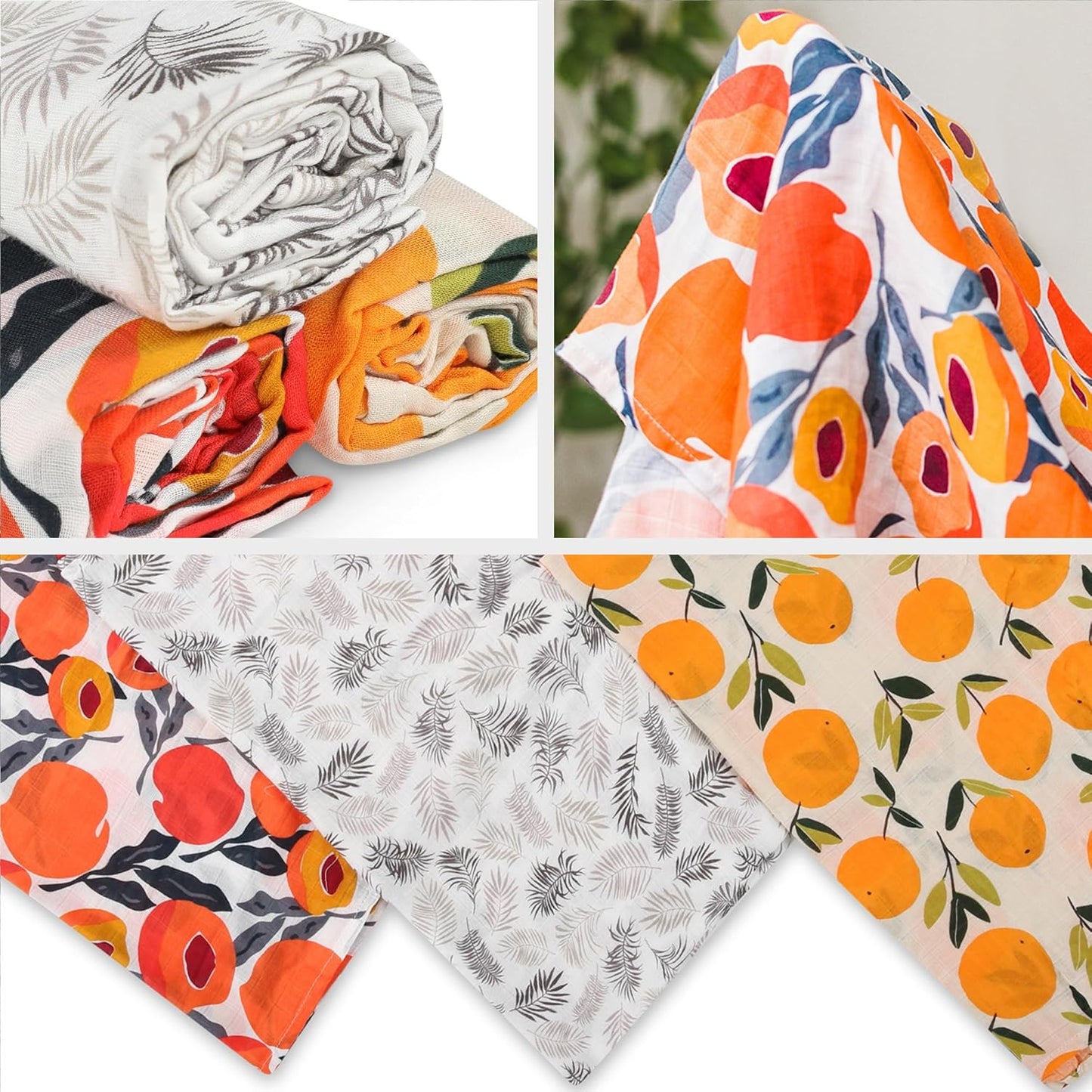Muslin Swaddle Blankets, 3-Pack - Soft Bamboo Rayon and Cotton Receiving Blankets for Boys & Girls - Adorable Fruits Design