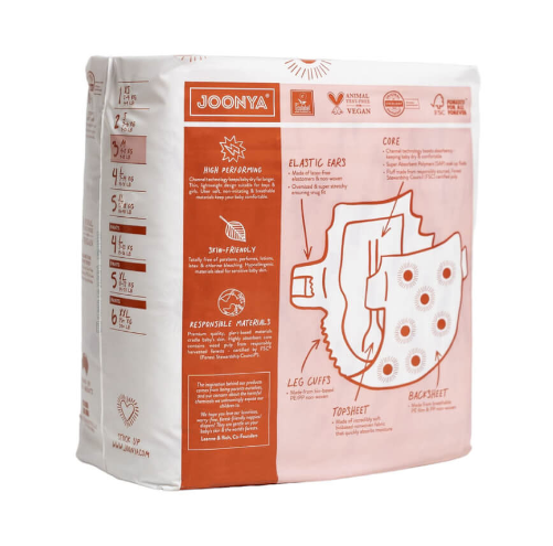 Package of Joonya diapers with detailed information and illustrations on a white background