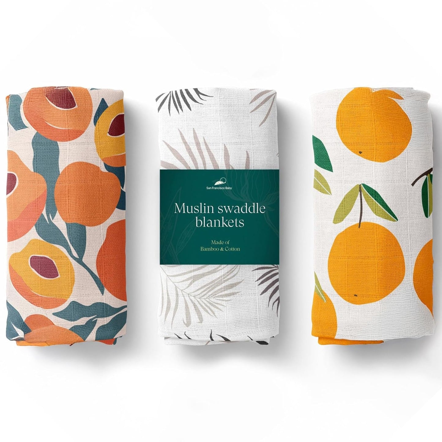 Muslin Swaddle Blankets, 3-Pack - Soft Bamboo Rayon and Cotton Receiving Blankets for Boys & Girls - Adorable Fruits Design