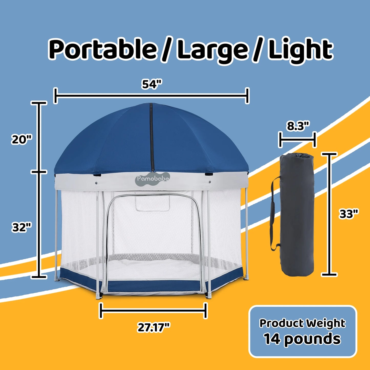 Unisex Premium Indoor and Outdoor Baby Playpen - Portable, Lightweight, Toddler Play Yard with Canopy and Travel Bag - Blue