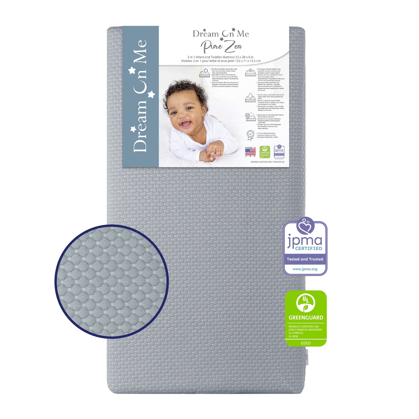 Pure Zen 2 in 1 Crib & Toddler Mattress, White and Grey, Greenguard Gold Certified