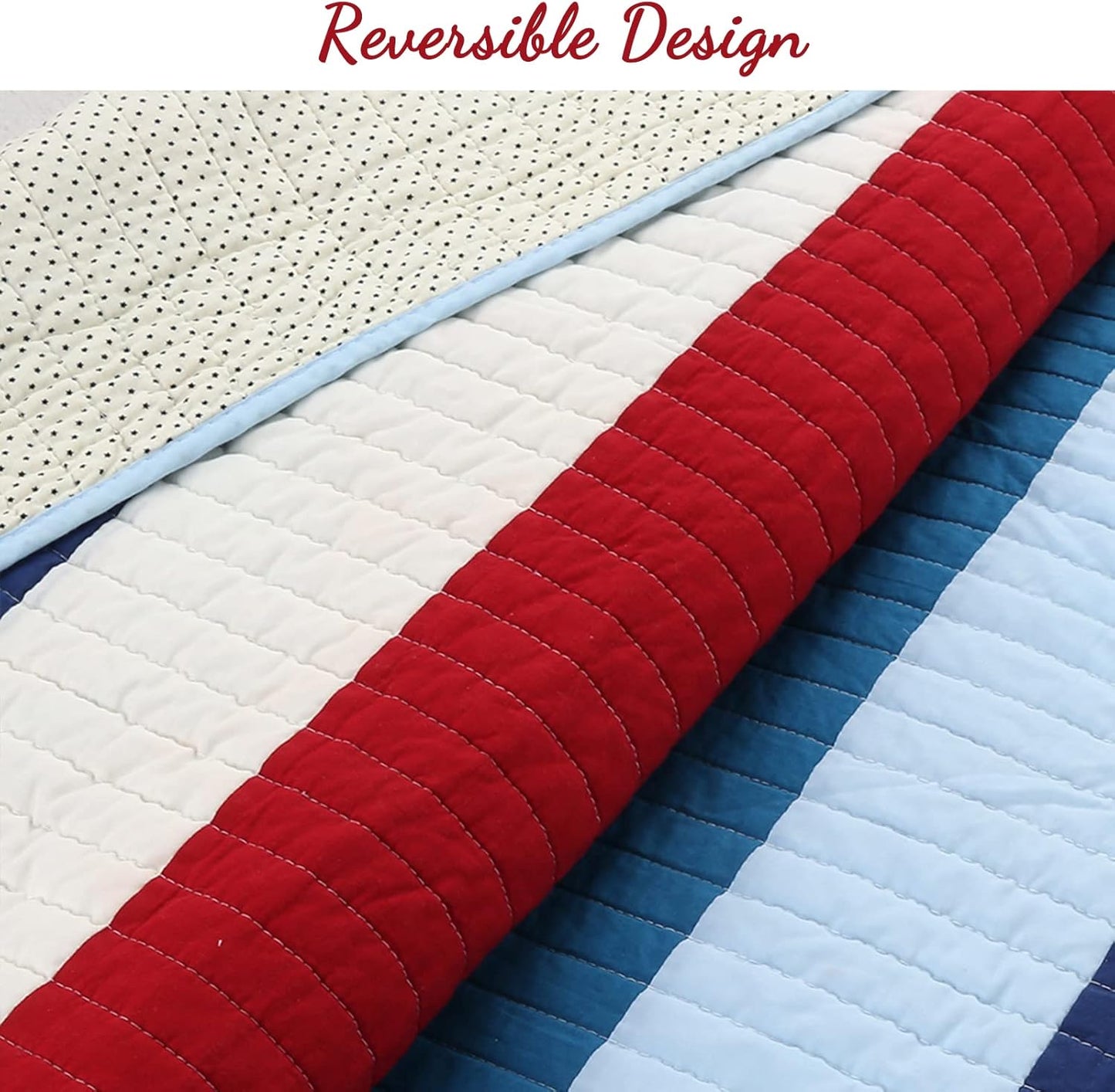 Aaron Bedding Quilt Set, Nautical Navy Blue Red Off-White Striped 100% Cotton Reversible Coverlet Bedspread Bedding Set (National Stripe, Twin - 2 Piece)
