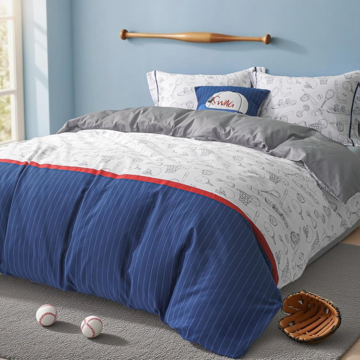 100% Organic Cotton Duvet Cover for Kids Teens, 3 Piece Soft Cartoon Comforter Cover with Zipper Closure, Boys Bedding Set with Baseball Pattern,Twin