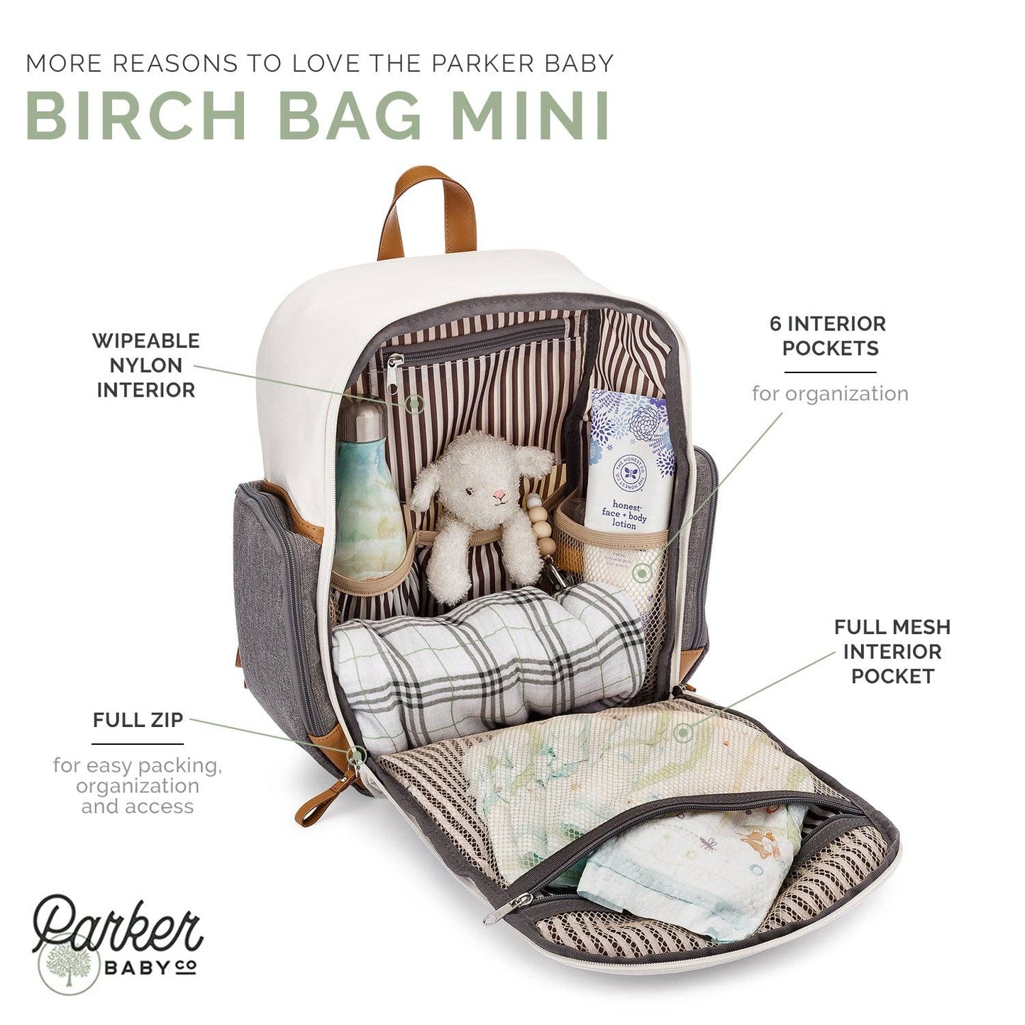 Parker Baby Birch Bag Mini with various compartments and items labeled.