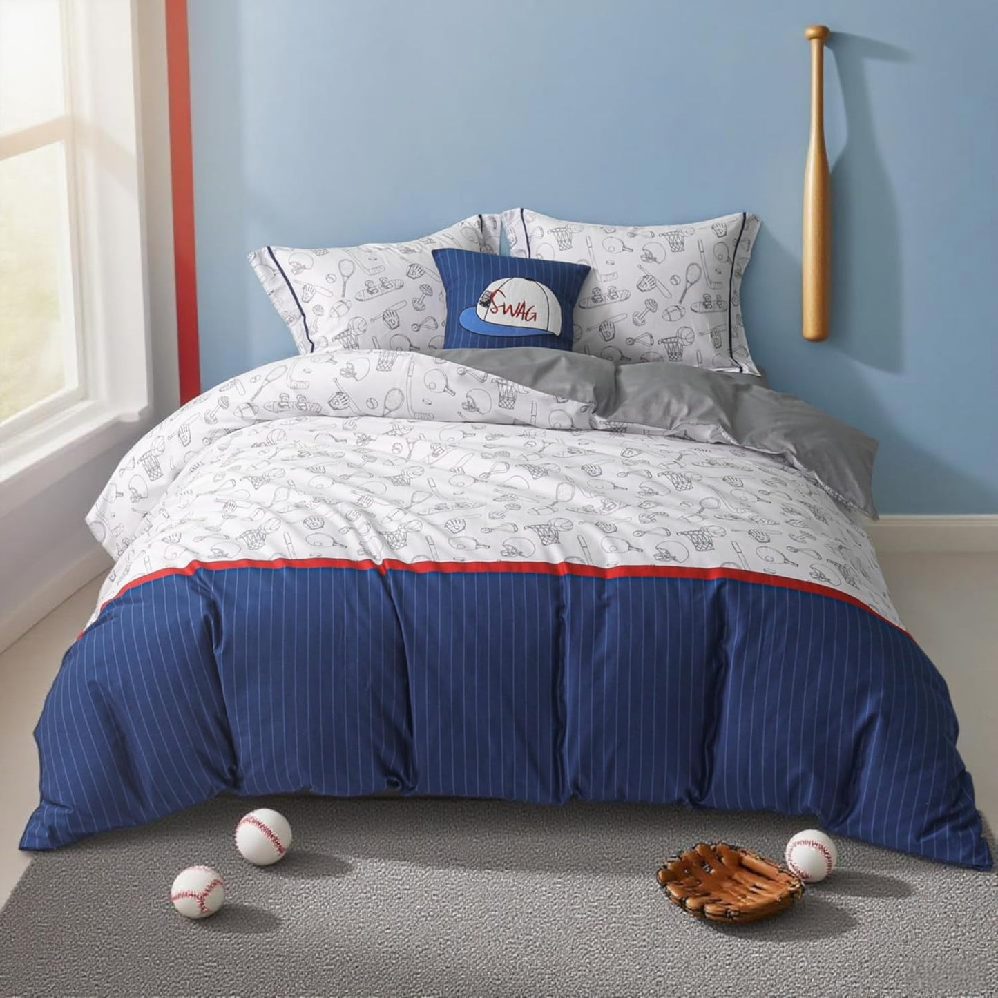 100% Organic Cotton Duvet Cover for Kids Teens, 3 Piece Soft Cartoon Comforter Cover with Zipper Closure, Boys Bedding Set with Baseball Pattern,Twin
