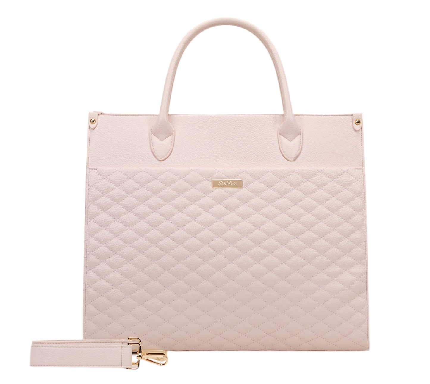 Quilted pink handbag with matching pouch on a white background