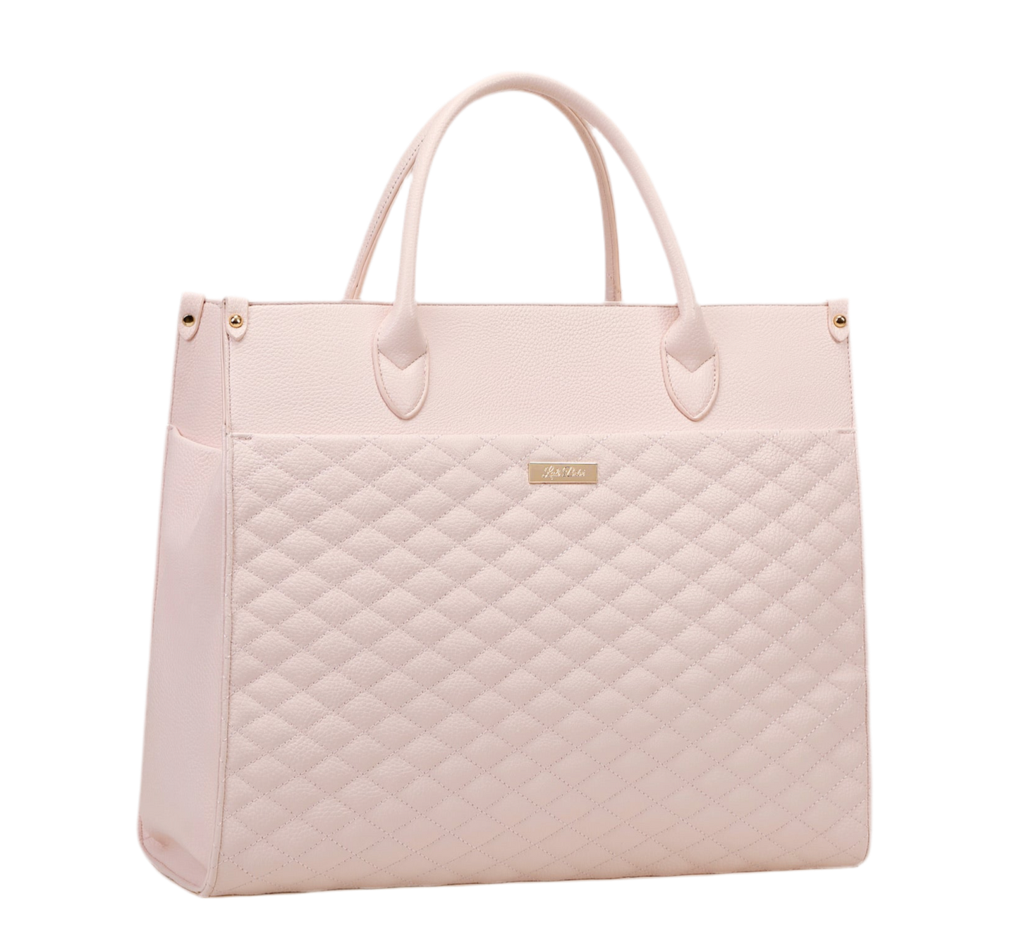 Quilted pink handbag on a white background