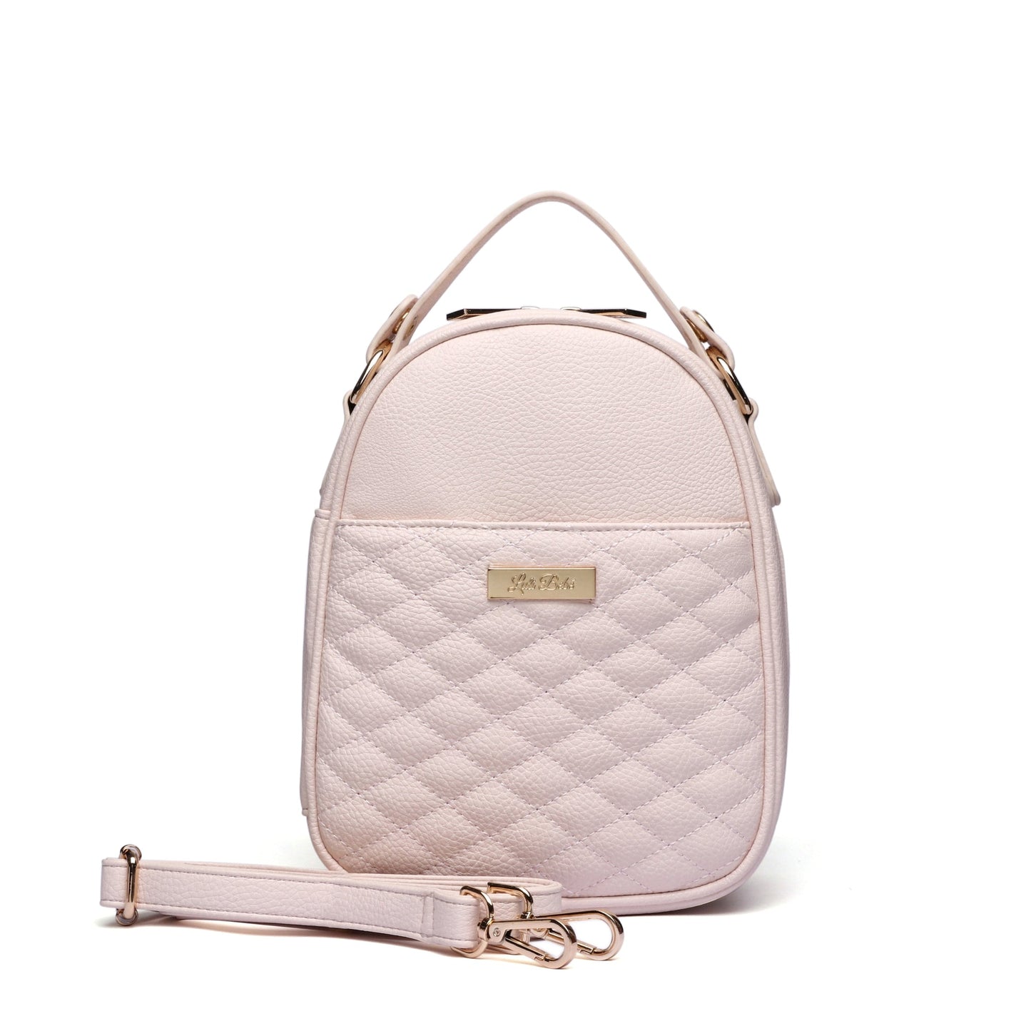 Quilted pink backpack with a visible brand label on a white background