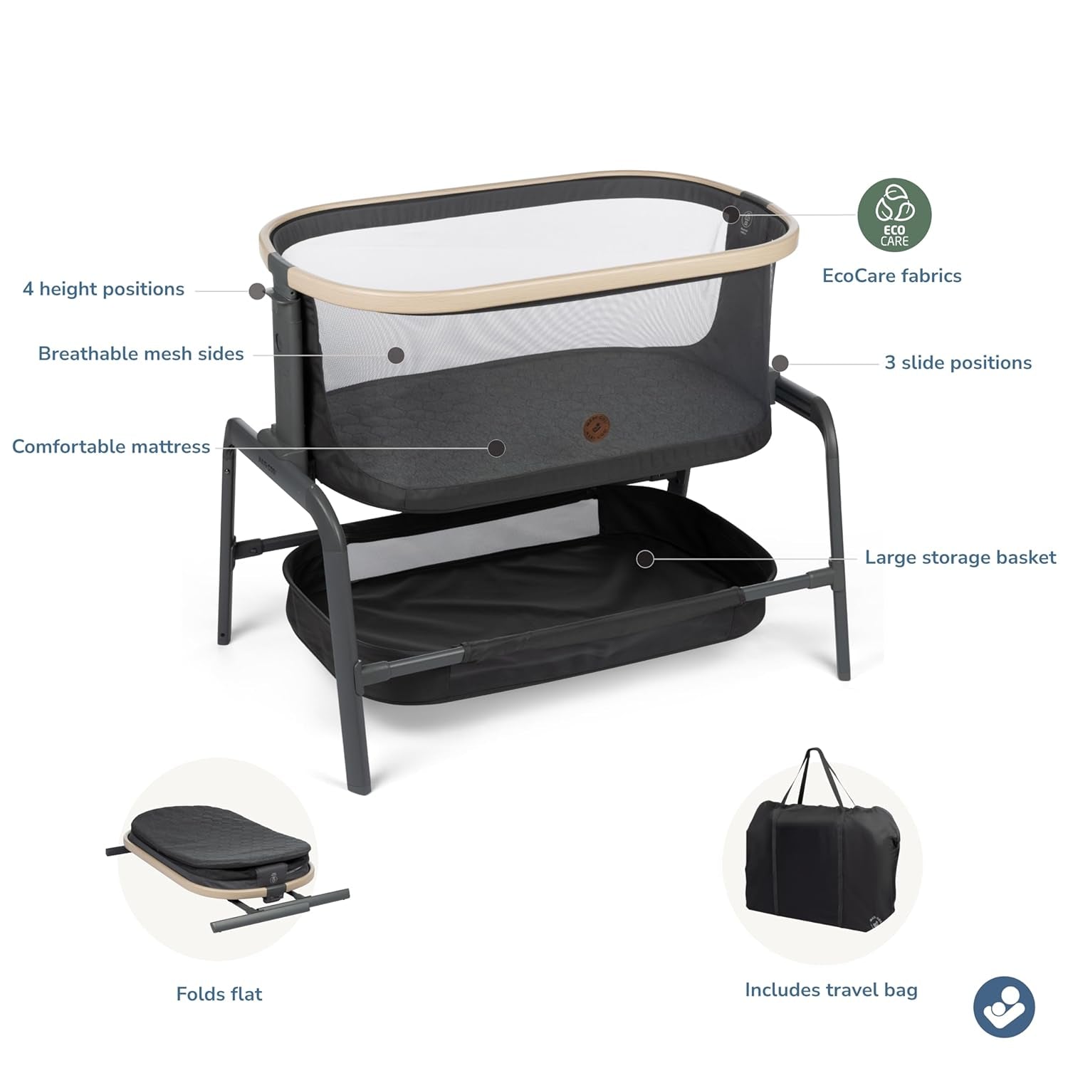 Iora Baby Bassinets Bedside Sleeper, Portable Bassinet, Infant Bedside Sleeper Crib, Height Adjustable, Breathable Mesh, Large Storage Basket, Classic Graphite