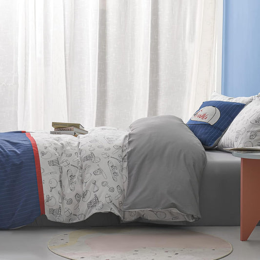 100% Organic Cotton Duvet Cover for Kids Teens, 3 Piece Soft Cartoon Comforter Cover with Zipper Closure, Boys Bedding Set with Baseball Pattern,Twin