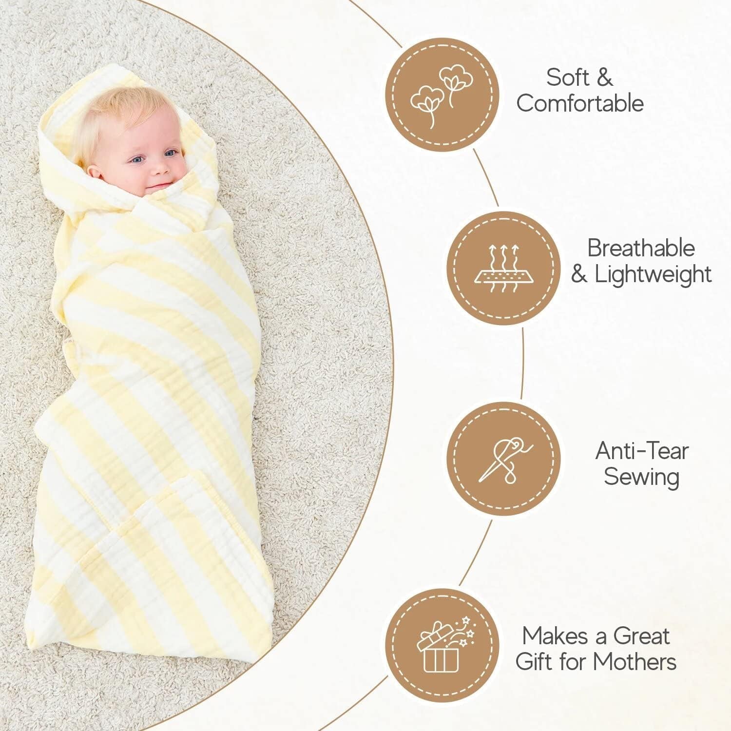 Muslin Baby Bath Towel Set, 2 Large Gauze Super Soft Baby Bath Towel and 3 Washcloths, 6 Layers Muslin Cotton Infant Blanket Suitable for Baby'S Delicate Skin (Amsicotion)