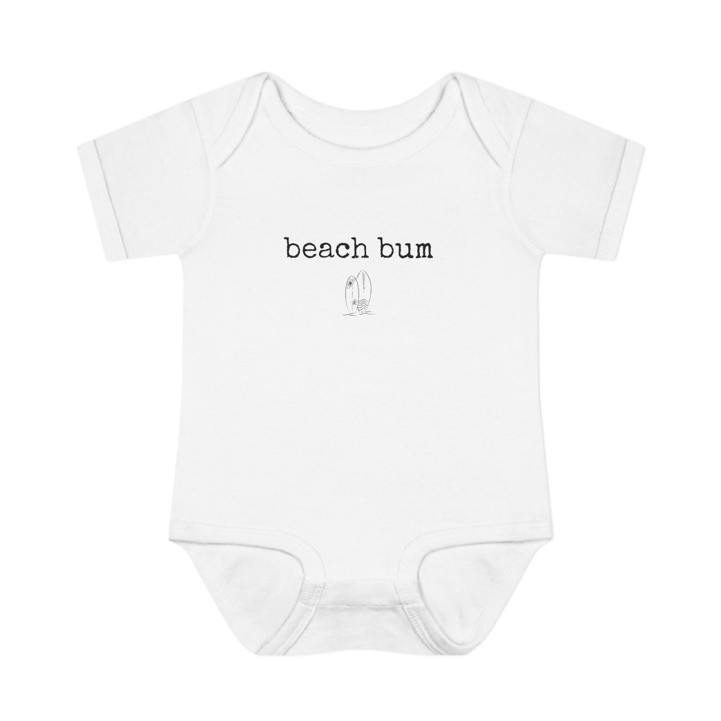 White baby onesie with 'beach bum' text on a white background
