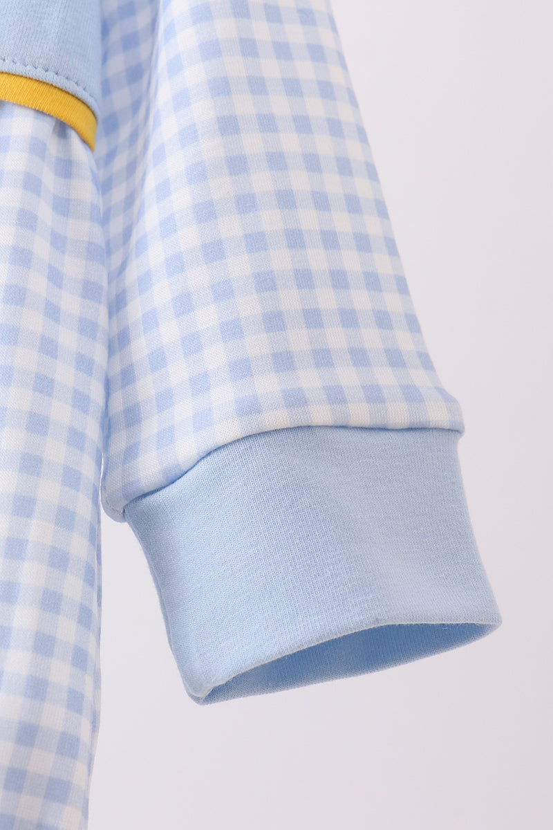 Close-up of a blue checkered fabric with a plain background