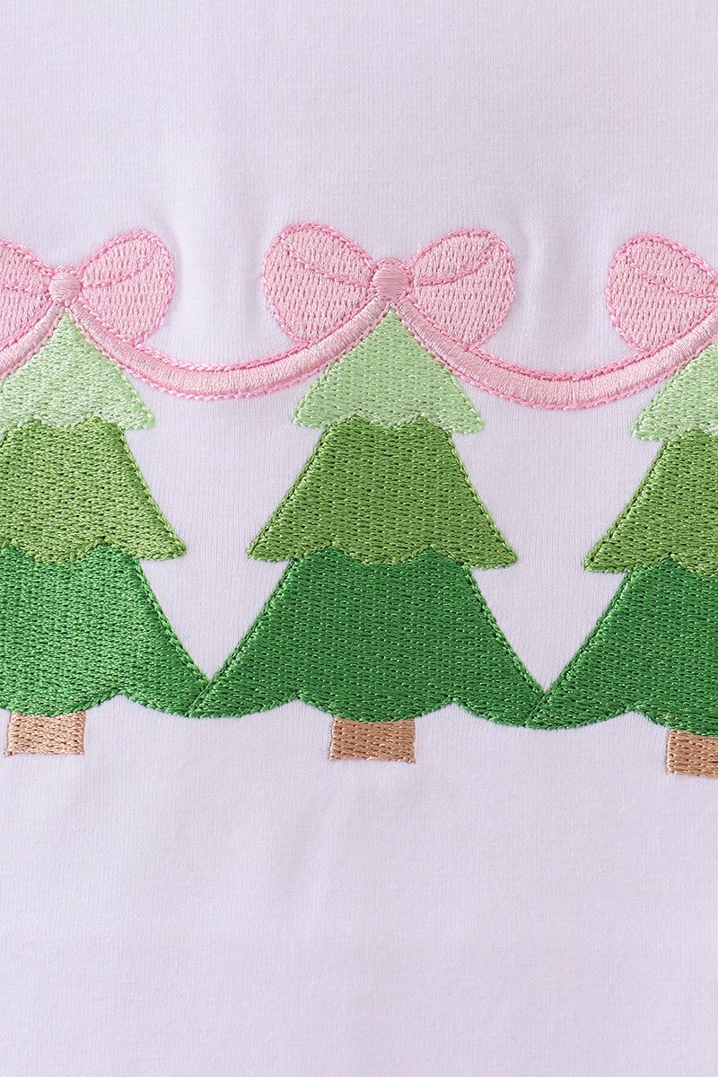 Embroidered design of green trees with pink ribbons on a white background